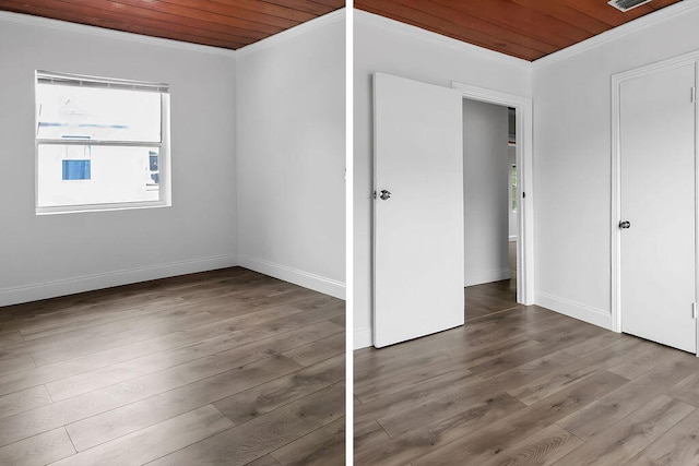 interior space featuring crown molding, hardwood / wood-style flooring, and wood ceiling