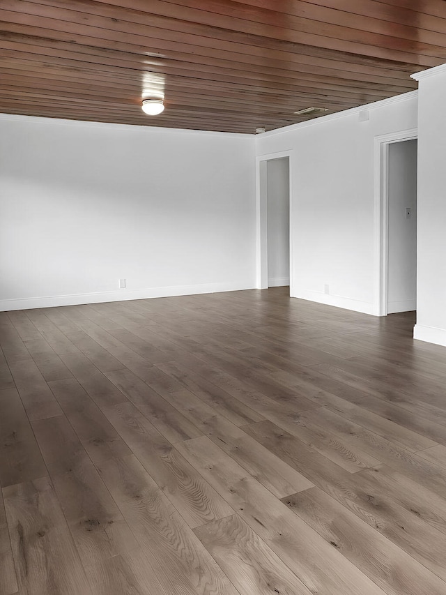 unfurnished room featuring wood ceiling, ornamental molding, and hardwood / wood-style floors