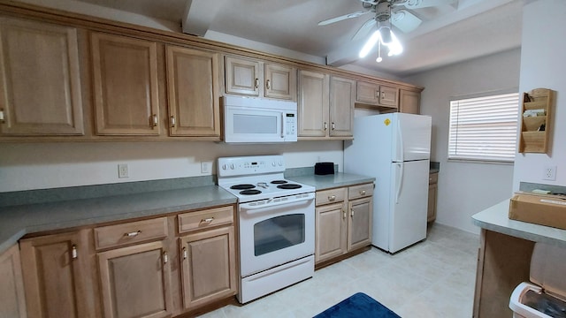 kitchen featuring white appliances, ceiling fan, and light tile floors