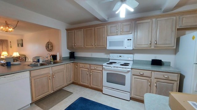 kitchen with ceiling fan with notable chandelier, beamed ceiling, white appliances, and sink