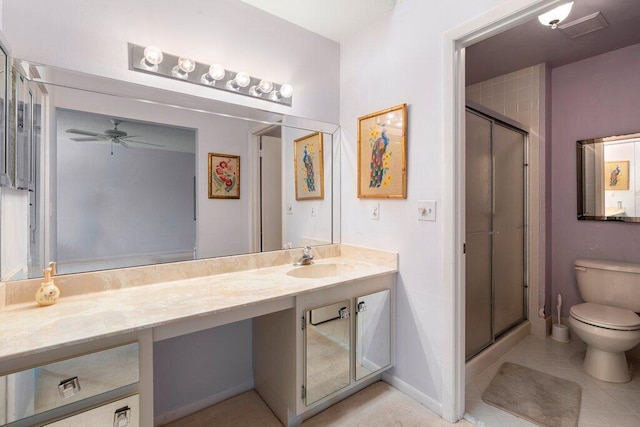 bathroom featuring walk in shower, ceiling fan, toilet, tile flooring, and vanity