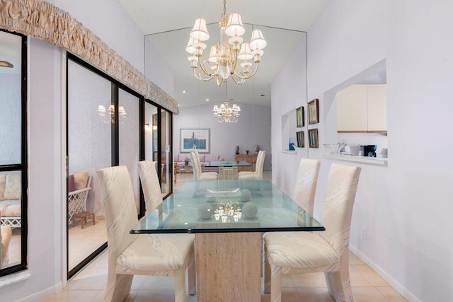 dining space with light tile flooring, vaulted ceiling, and an inviting chandelier