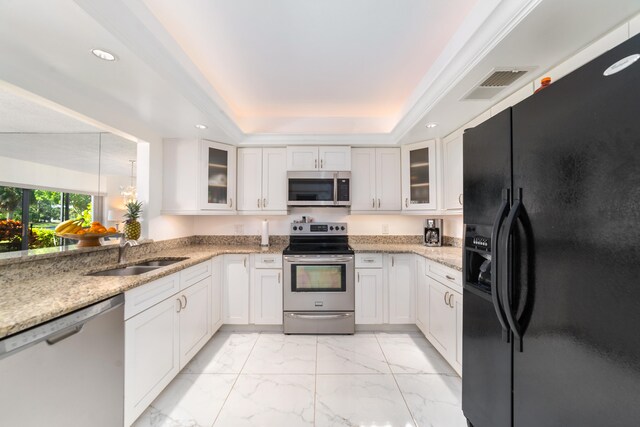 kitchen with sink, a tray ceiling, white cabinets, and appliances with stainless steel finishes