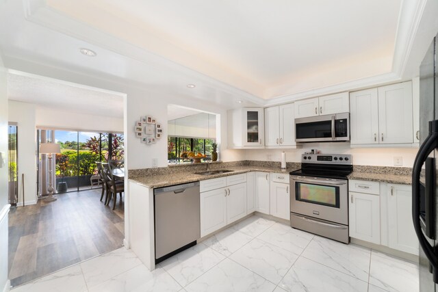 kitchen with a raised ceiling, stainless steel appliances, sink, and white cabinetry