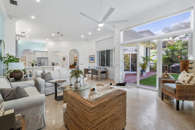 living room featuring ceiling fan