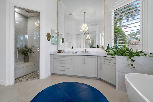 bathroom with vanity, tile patterned flooring, a notable chandelier, independent shower and bath, and ornamental molding