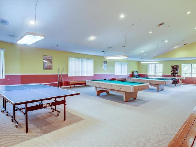 rec room with vaulted ceiling, pool table, and carpet