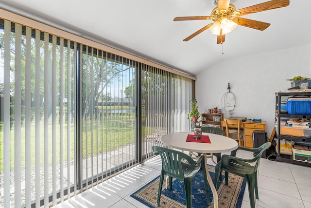 interior space featuring ceiling fan and vaulted ceiling