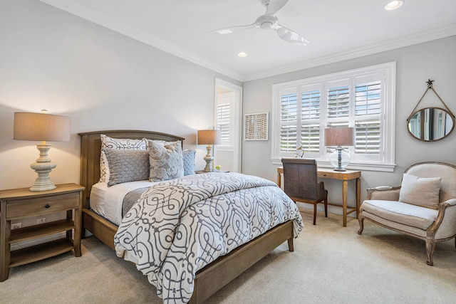 bedroom with crown molding, carpet, and ceiling fan