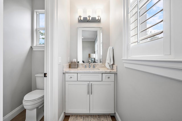 bathroom featuring vanity, toilet, and crown molding