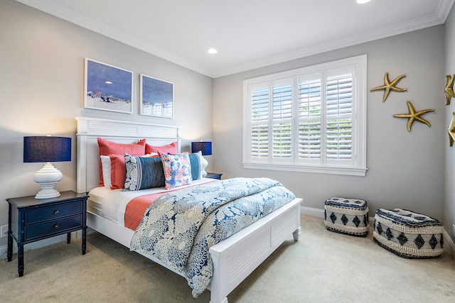 carpeted bedroom with crown molding