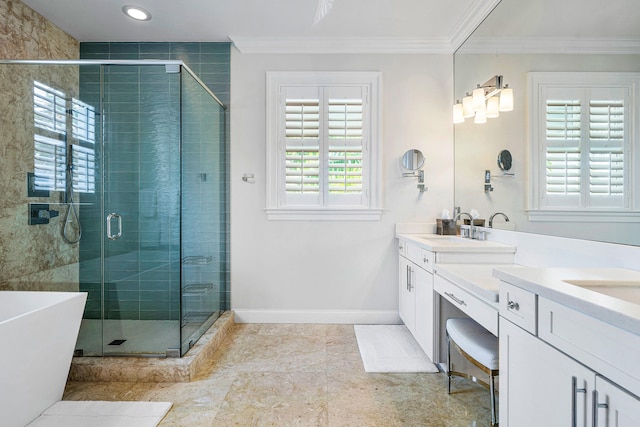 bathroom featuring oversized vanity, double sink, walk in shower, tile floors, and ornamental molding