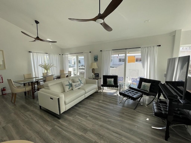 living room with lofted ceiling, wood-type flooring, and ceiling fan