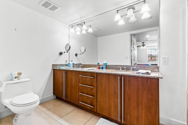 bathroom with vanity, tile patterned floors, ceiling fan, and toilet