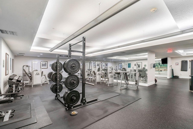 exercise room featuring a raised ceiling