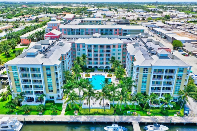 bird's eye view with a water view