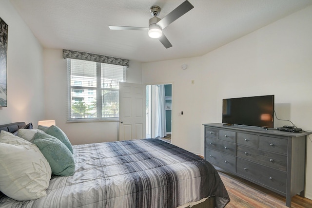 bedroom featuring wood finished floors and ceiling fan
