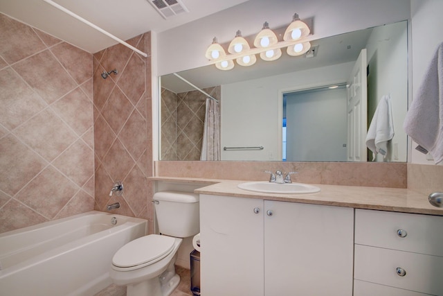 bathroom with toilet, visible vents, shower / bathtub combination with curtain, and vanity