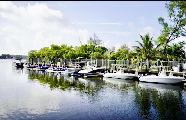 view of dock featuring a water view and fence