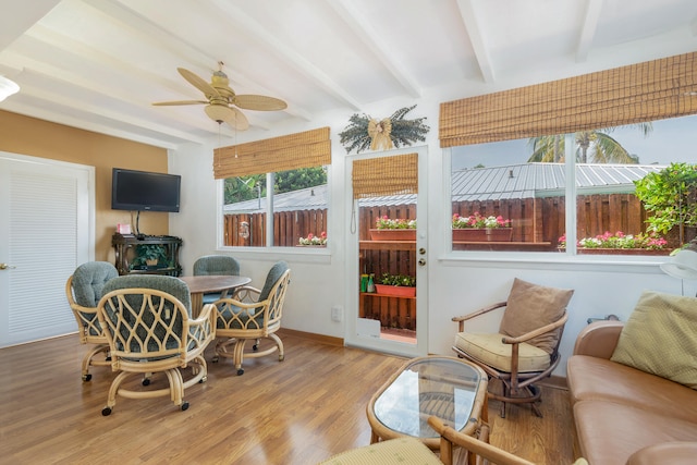 sunroom / solarium featuring beam ceiling and ceiling fan