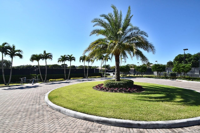 view of property's community with a lawn