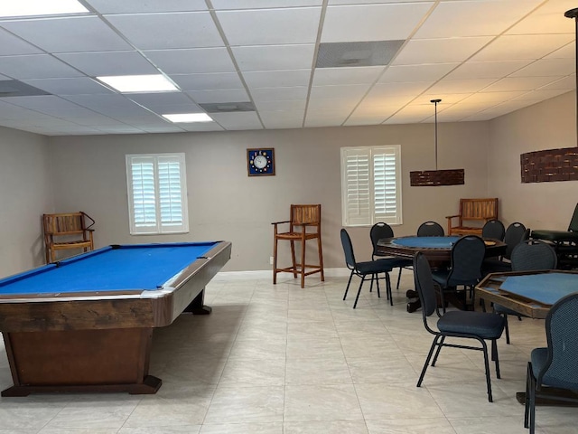 rec room with a paneled ceiling and pool table