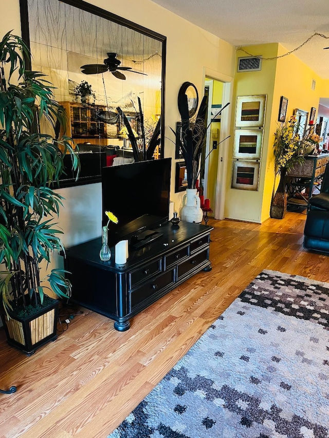 living room featuring ceiling fan and hardwood / wood-style floors