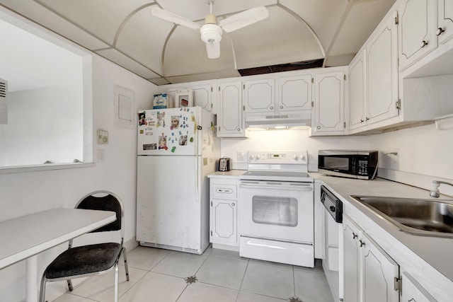 kitchen with white appliances, ceiling fan, white cabinetry, sink, and light tile floors