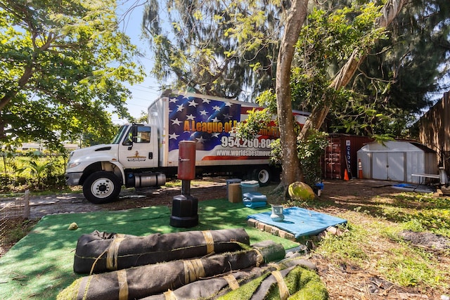 view of yard with a shed