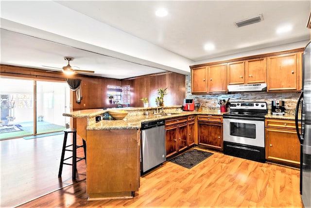 kitchen with appliances with stainless steel finishes, a wealth of natural light, ceiling fan, and light wood-type flooring