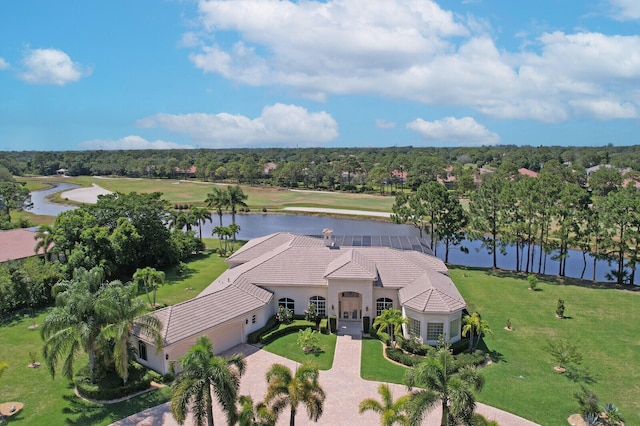 aerial view featuring a water view