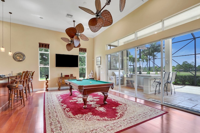 rec room featuring ceiling fan, pool table, and dark wood-type flooring