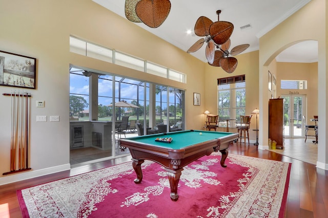 playroom with ceiling fan, crown molding, tile floors, and billiards