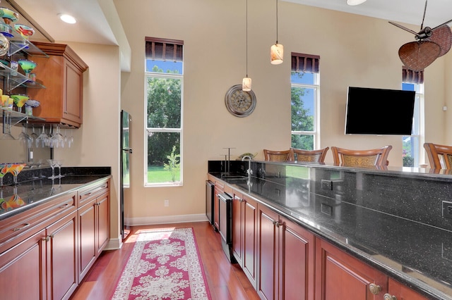 kitchen with plenty of natural light, wood-type flooring, and hanging light fixtures