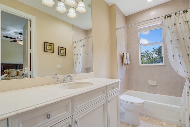 full bathroom with vanity, shower / tub combo with curtain, tile flooring, toilet, and ceiling fan