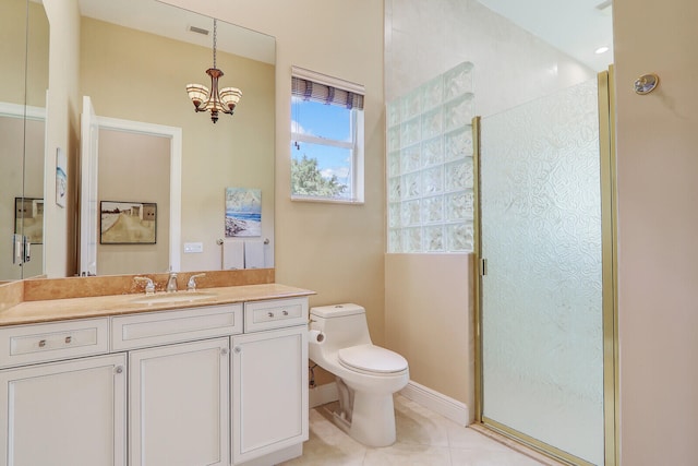 bathroom featuring an enclosed shower, tile floors, vanity, a chandelier, and toilet