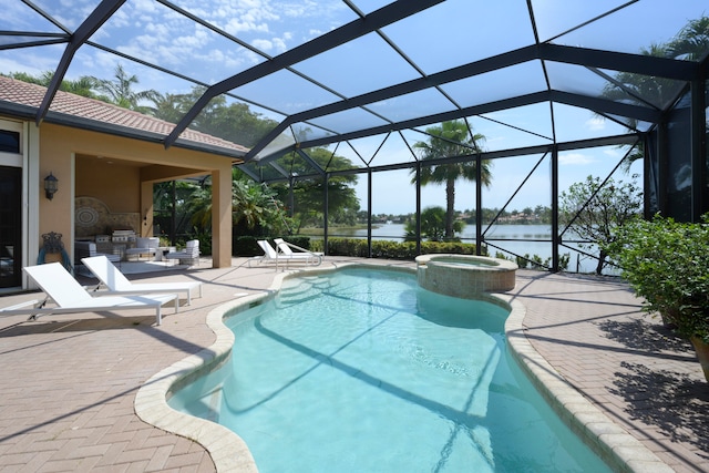 view of pool with a water view, a lanai, an in ground hot tub, and a patio