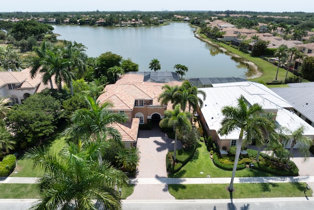 aerial view featuring a water view