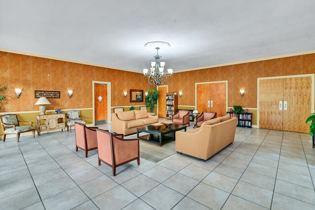 tiled living room featuring a notable chandelier