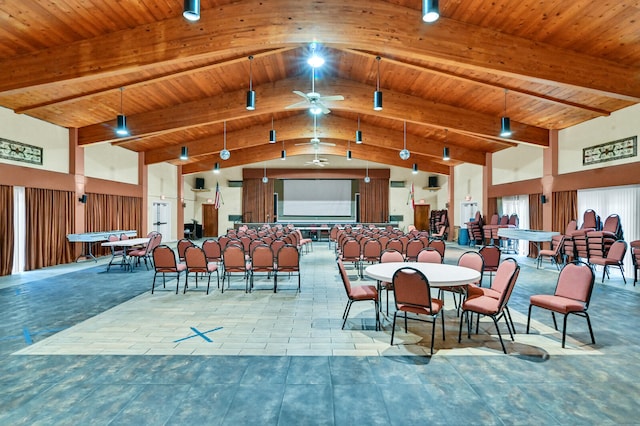 dining space featuring tile patterned floors, wooden ceiling, ceiling fan, and billiards