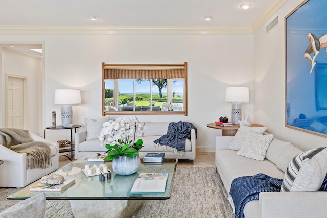 living room featuring crown molding