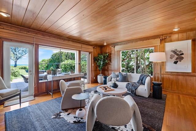 interior space featuring light hardwood / wood-style flooring, wood walls, and plenty of natural light