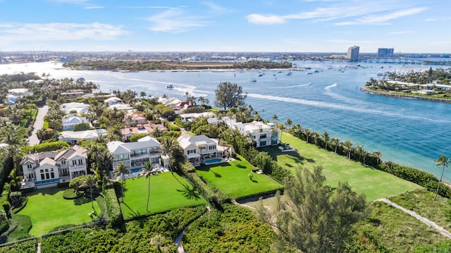 drone / aerial view featuring a water view