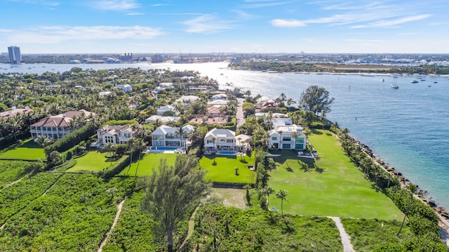 drone / aerial view featuring a water view