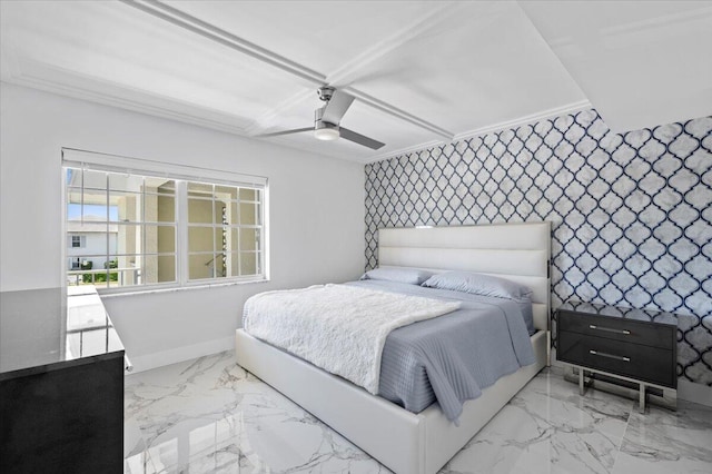 bedroom featuring ceiling fan and light tile floors