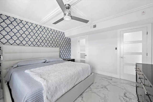 bedroom with ornamental molding, ceiling fan, and light tile flooring