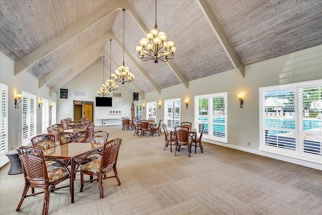 carpeted dining area featuring high vaulted ceiling, a notable chandelier, beam ceiling, and wooden ceiling