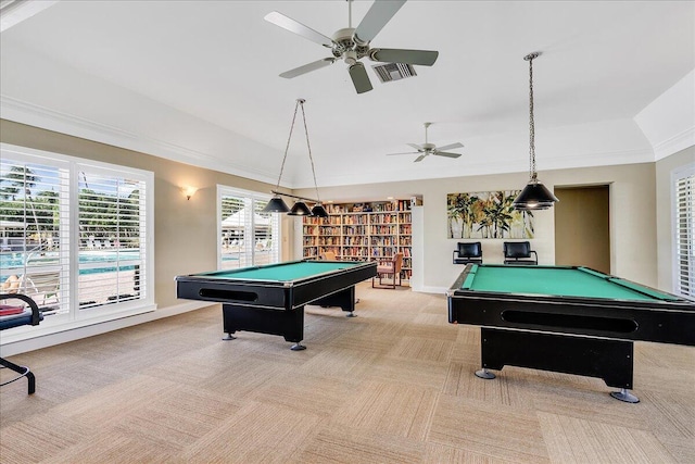 recreation room featuring light carpet, ceiling fan, ornamental molding, and billiards