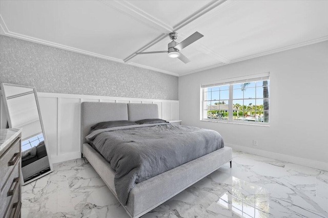 bedroom with ceiling fan and light tile flooring