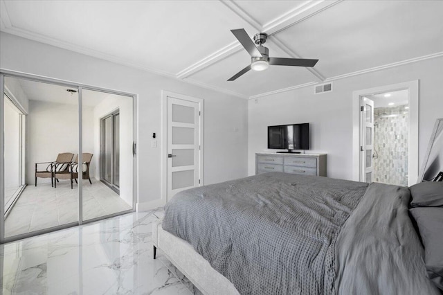 tiled bedroom with a closet, ensuite bath, ceiling fan, and crown molding